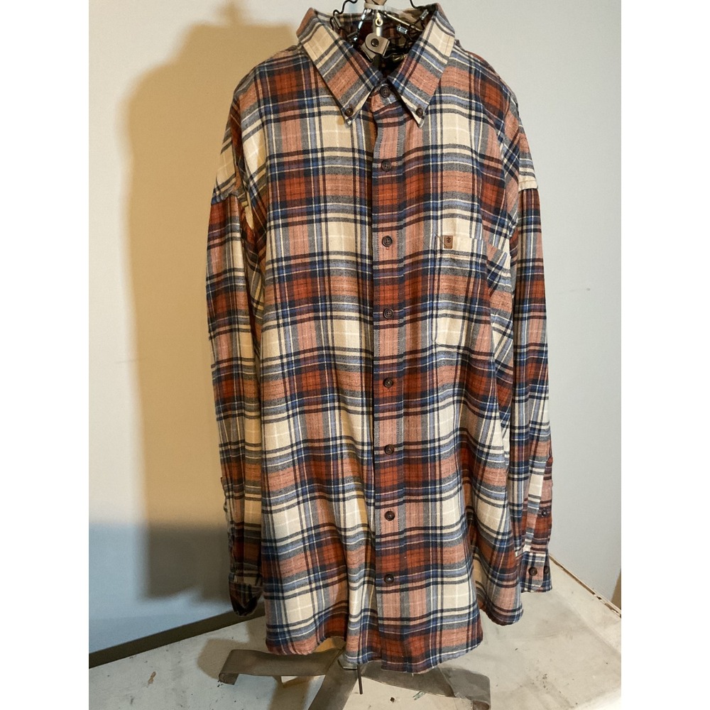 IZOD Mens 3XL Plaid Button Down Shirt‎ Rust Orange Navy Blue Long Sleeve Flannel